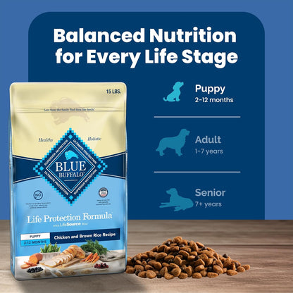 Blue Buffalo Dog Food for Puppies, Life Protection Formula, Natural Chicken & Brown Rice Flavor, Puppy Dry Dog Food