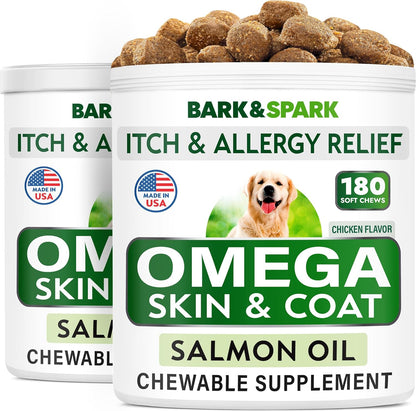 BARK&SPARK Omega 3 for Dogs - 180 Fish Oil Treats for Dog Shedding, Skin Allergy, Itch Relief, Hot Spots Treatment - Joint Health - Skin and Coat Supplement - EPA & DHA Fatty Acids