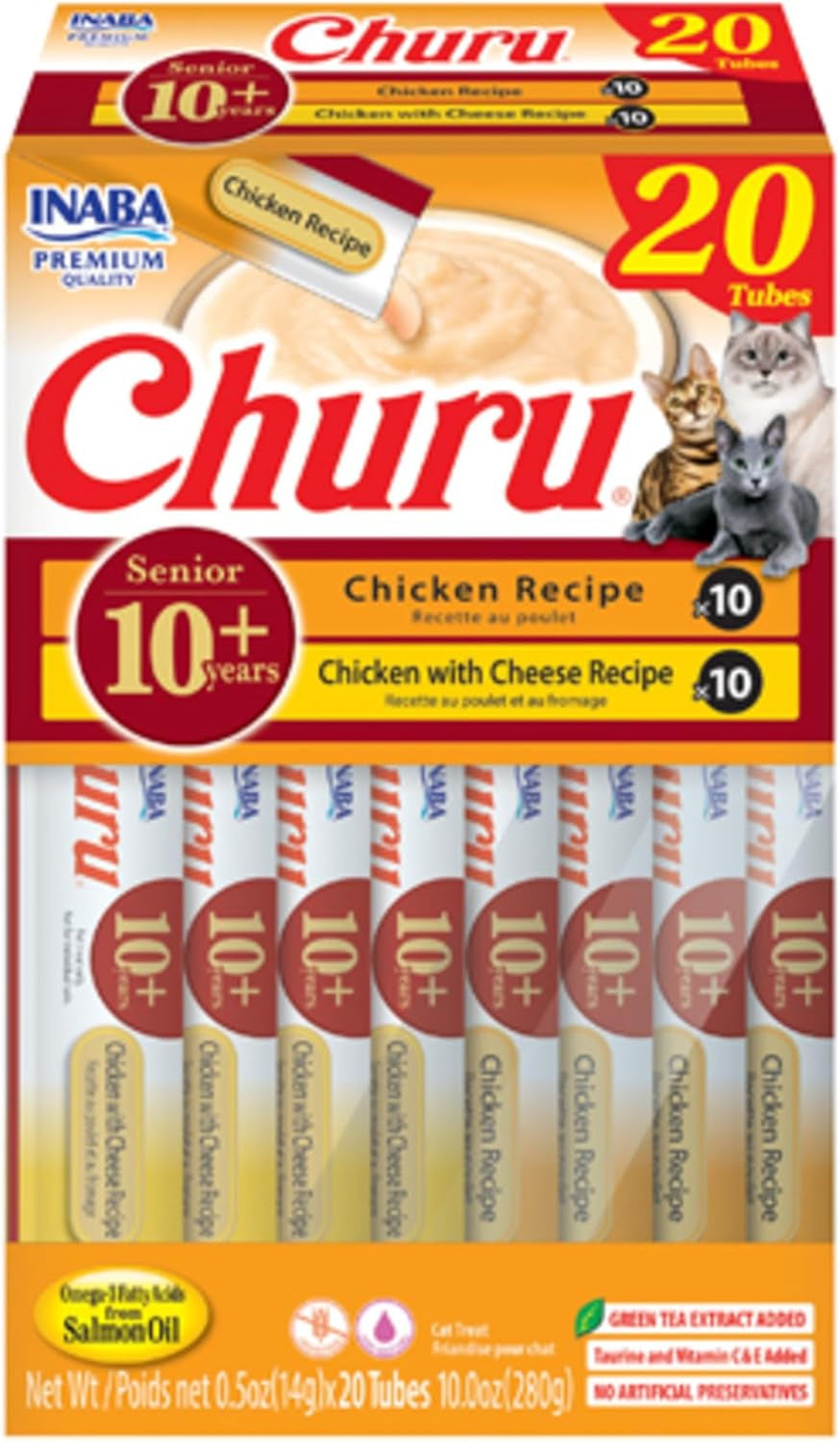 INABA Churu for Senior 10+, Creamy Lickable Cat Treats with Taurine, Vitamin E & C, 0.5 Ounces Each