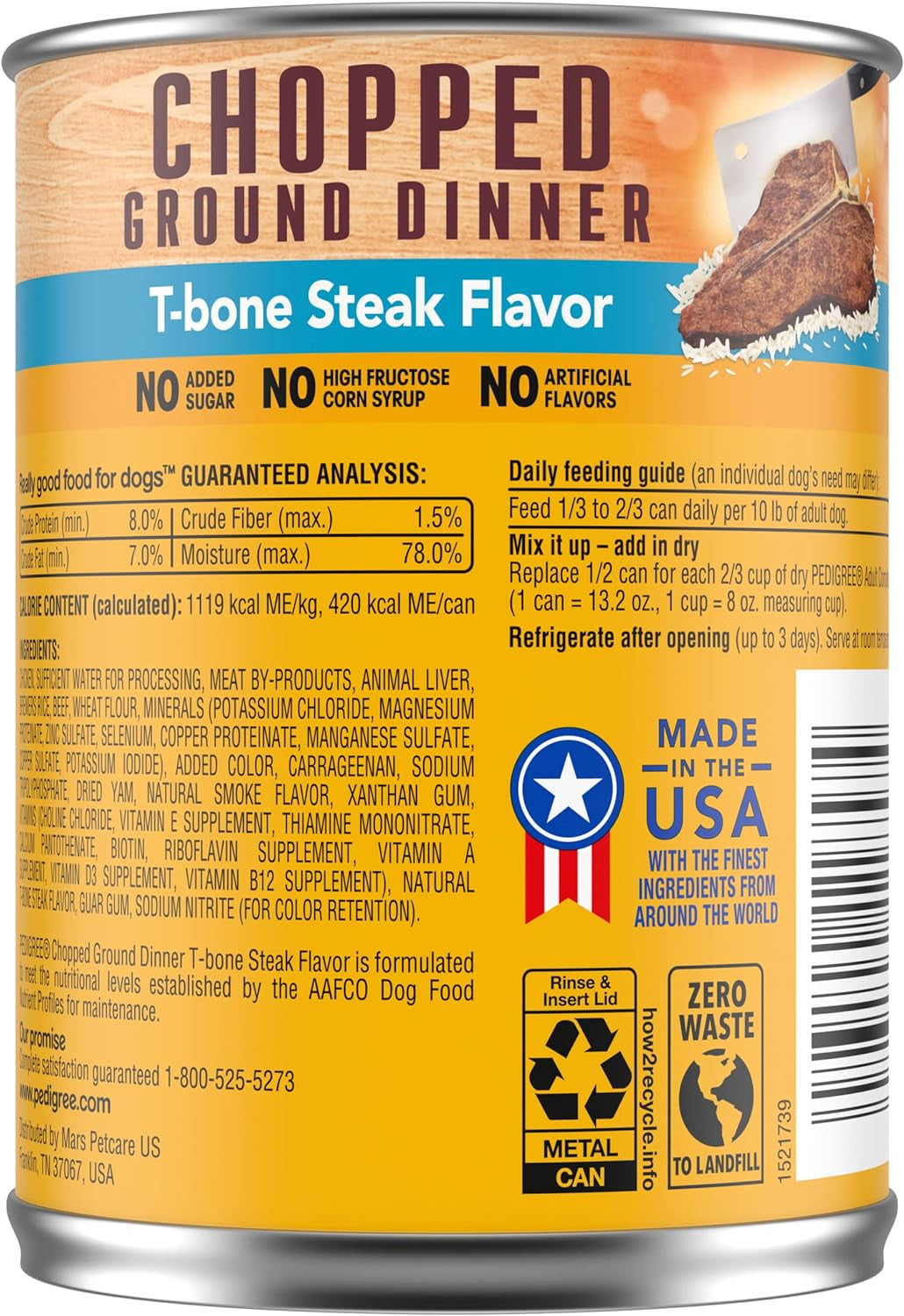 Adult Canned Wet Dog Food Chopped Ground Dinner T-Bone Steak Flavor, (12) 13.2 Oz. Cans