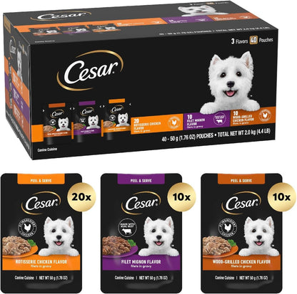 Cesar Filets in Gravy Wet Dog Food Filet Mignon Flavor, Rotisserie Chicken Flavor, and Wood-Grilled Chicken Flavor Variety Pack