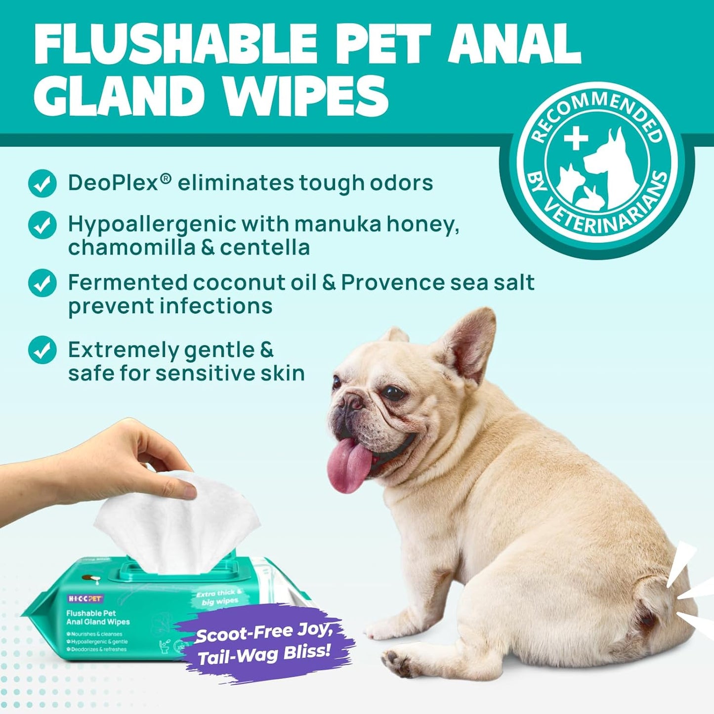 Dog Wipes for Paws and Butt, Anal Gland Wipes for Dog Cat and Pet, Cleansing & Deodorizing, Vet Recommended Cleansing Wipes, Gentle and Hypoallergenic