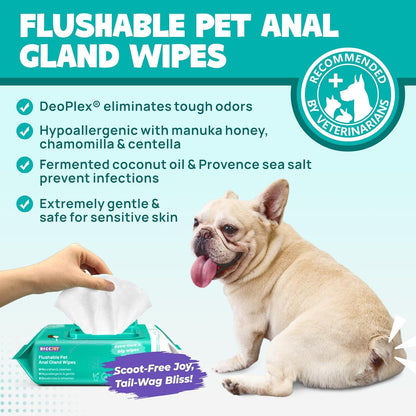 Dog Wipes for Paws and Butt, Anal Gland Wipes for Dog Cat and Pet, Cleansing & Deodorizing, Vet Recommended Cleansing Wipes, Gentle and Hypoallergenic