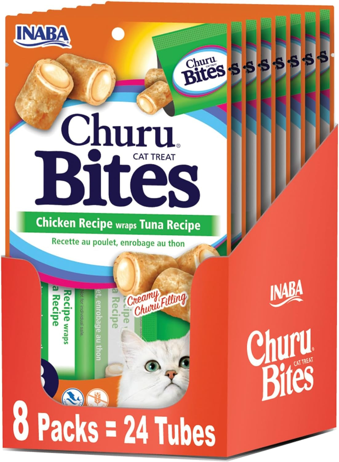 INABA Churu Bites for Cats, Soft Baked Chicken Churu Filled Cat Treats with Vitamin E, 0.35 Ounces Each Tube, 24 Tubes Total (3 per Pack)