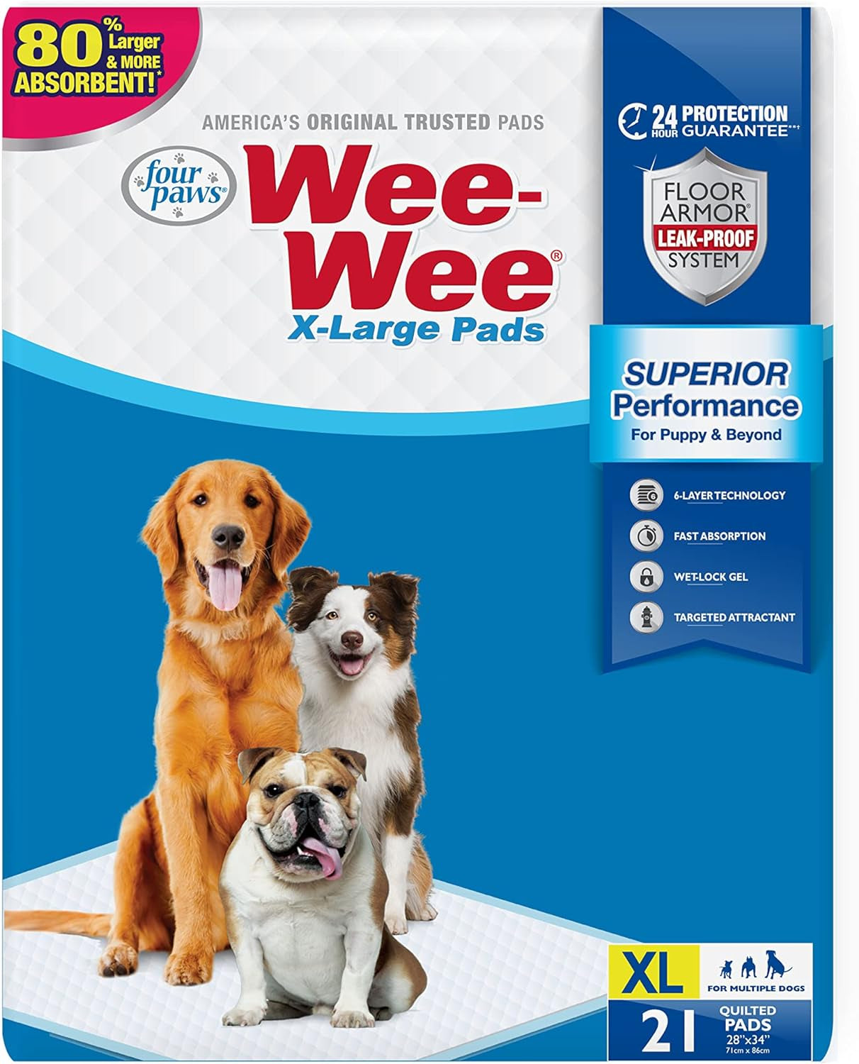 Four Paws Wee-Wee Superior Performance XL Pee Pads for Extra Large Dogs, Leak-Proof Floor Protection Dog & Puppy Quilted Potty Training Pads, Unscented, 28" X 34"