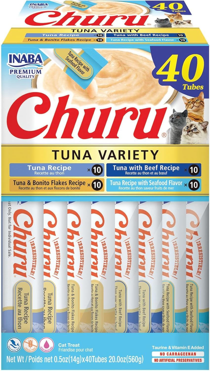 Churu Cat Treats, Grain-Free, Lickable, Squeezable Creamy Purée Cat Treat/Topper with Vitamin E & Taurine, 0.5 Ounces Each Tube, 50 Tubes, Tuna & Chicken Variety