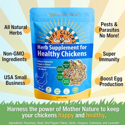 Buffclucks Herb Supplement for Backyard Chickens - Natural Chicken Treats, Poultry Feed Botanical Mix, Plant-Based Coop Snacks for Daily Wellness, Feather Quality, Egg Production - Crafted in USA