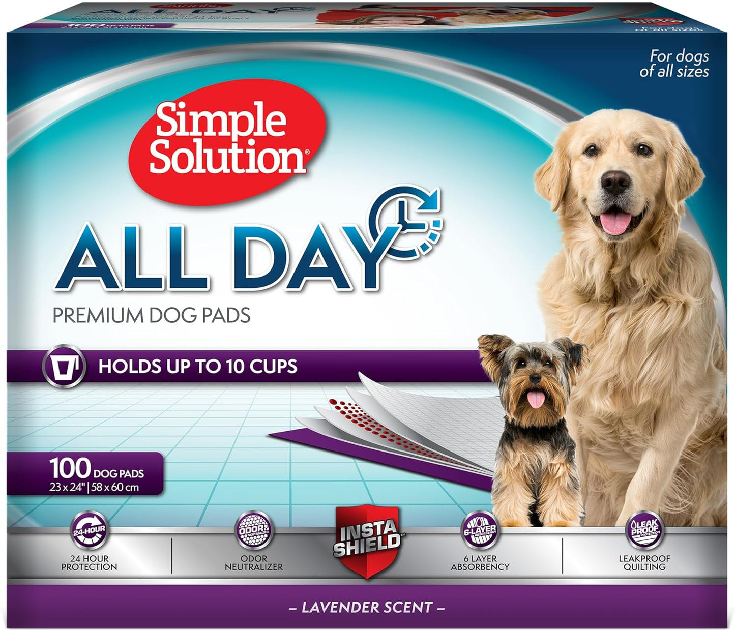 Simple Solution All Day Disposable Pee Pads for Dogs, XL Puppy Potty Training Wee Pad, 6 Layers Thick, Absorbent, Attracts Dogs, Leak Proof, Odor Neutralizing, Lavender Scent, LARGE 23"X24"