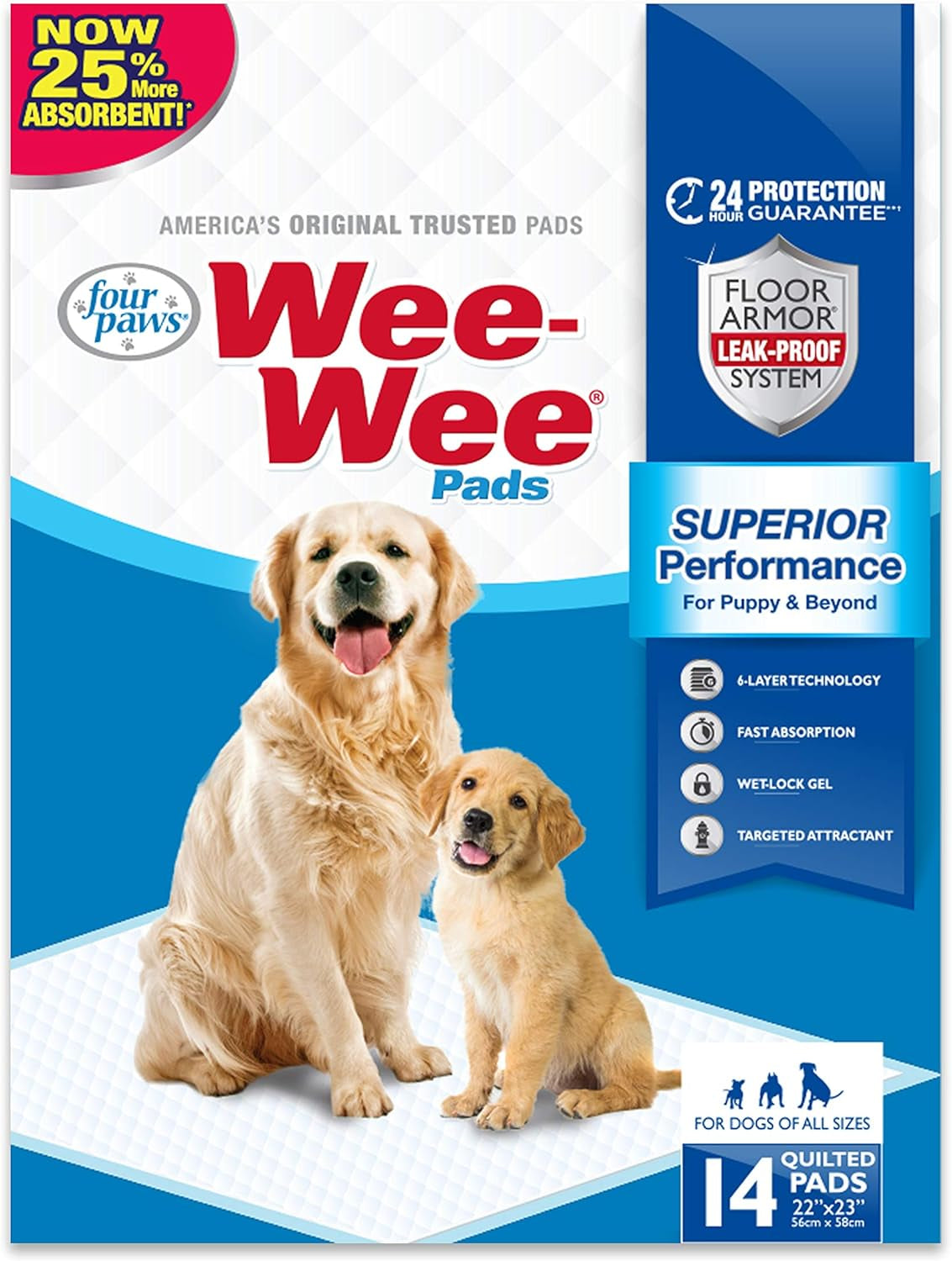 Four Paws Wee-Wee Superior Performance Pee Pads for Dogs of All Sizes, Leak-Proof Floor Protection Dog & Puppy Quilted Potty Training Pads, Unscented, 22" X 23"