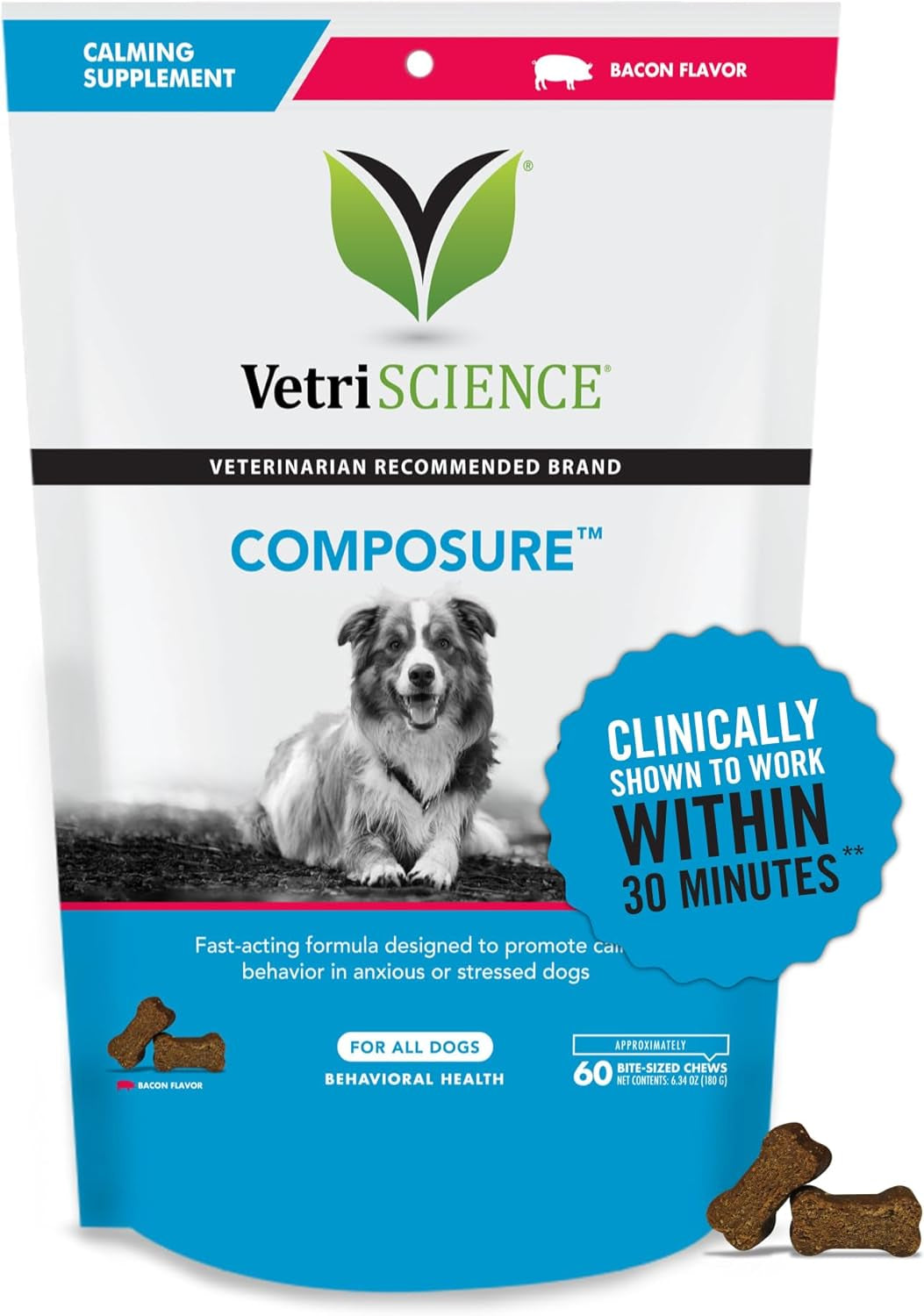 Vetriscience Composure Calming Chews for Dogs - Clinically Proven Dog Anxiety Relief Supplement with Colostrum, L-Theanine & Vitamin B1 for Stress, Storms, Separation & More