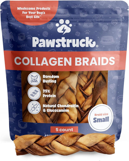 Pawstruck Natural Large Beef Collagen Braids for Dogs - Healthy Long Lasting Alternative to Traditional Rawhide & Bully Sticks W/Chondroitin & Glucosamine - Packaging May Vary