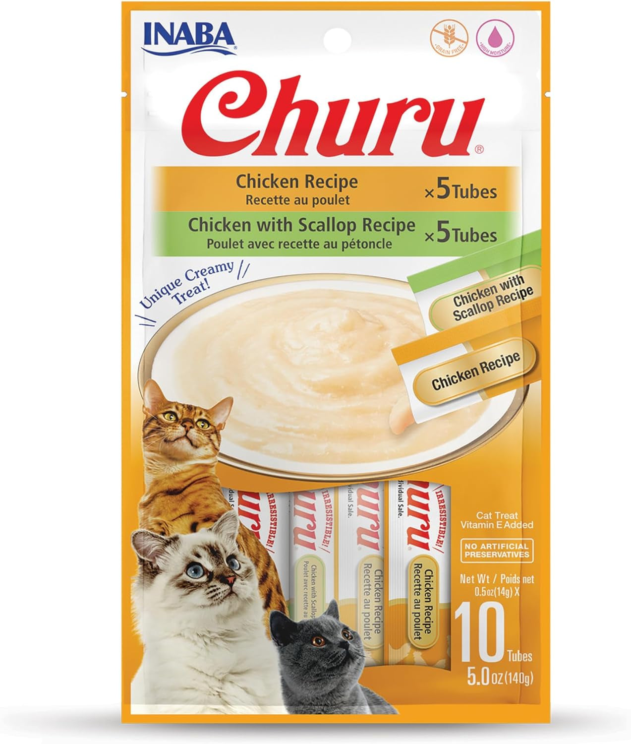 Churu Cat Treats, Grain-Free, Lickable, Squeezable Creamy Purée Cat Treat/Topper with Vitamin E & Taurine, 0.5 Ounces Each Tube, 50 Tubes, Tuna & Chicken Variety