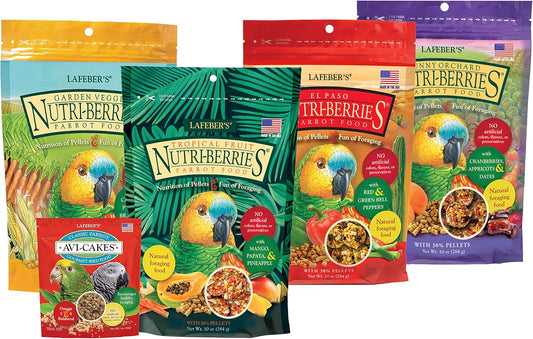 LAFEBER'S Nutri-Berries Pet Bird Food Variety Sampler Bundles, Made with Non-Gmo and Human-Grade Ingredients, for Parrots, with Free Avi-Cake Sample