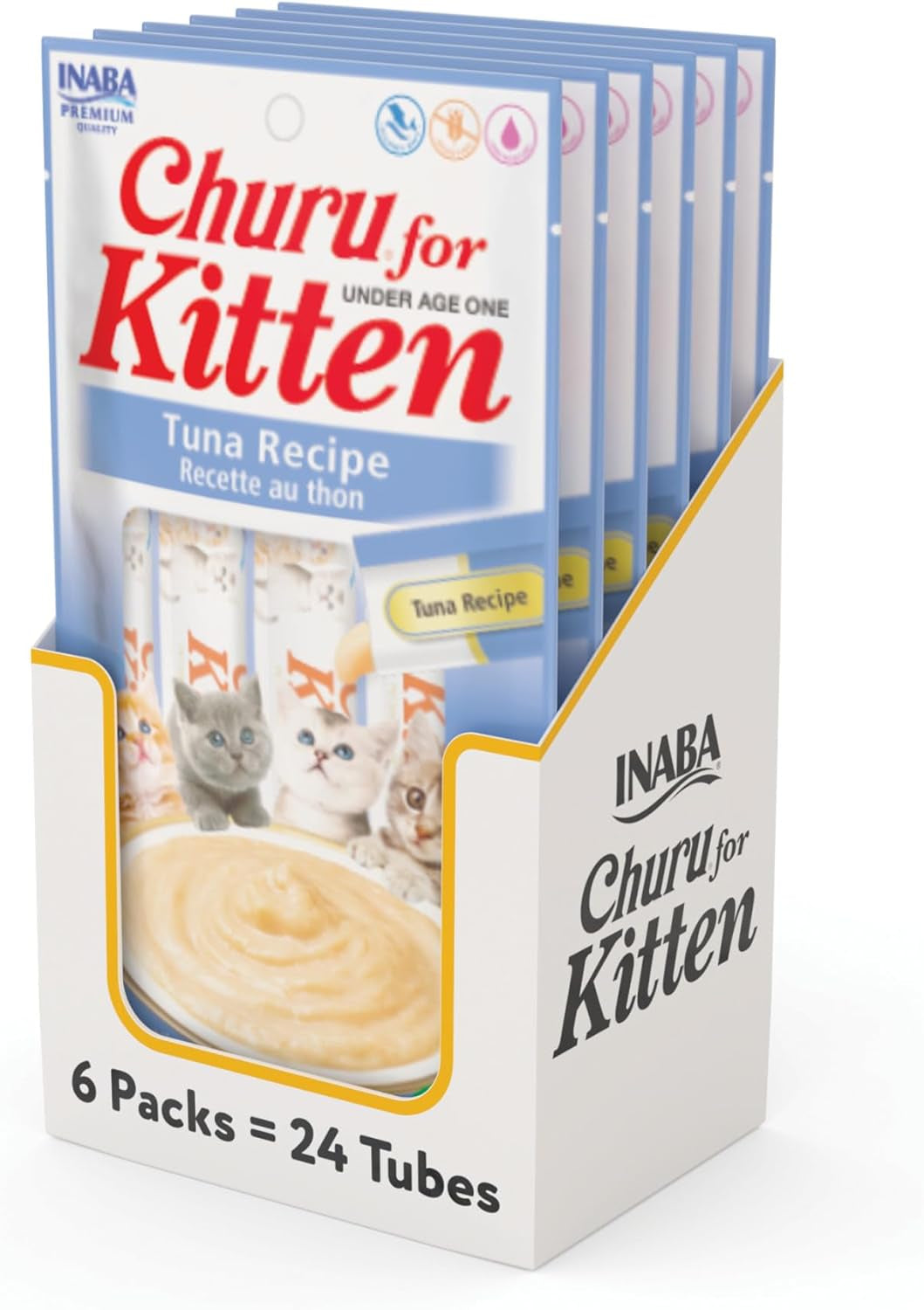 INABA Churu for Kittens, Grain-Free Creamy, Purée Lickable Cat Treats with DHA, EPA, Vitamin E & Taurine, 0.5 Ounces Each, 24 Tubes (4 per Pack)