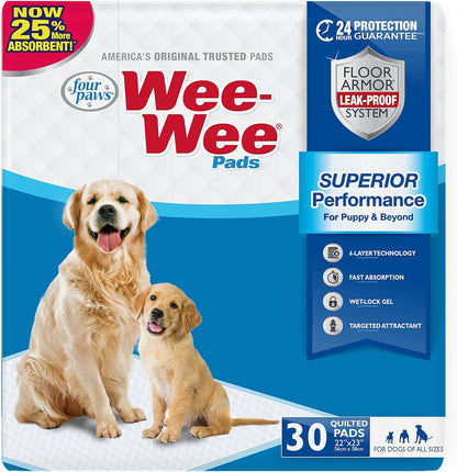 Four Paws Wee-Wee Superior Performance Pee Pads for Dogs of All Sizes, Leak-Proof Floor Protection Dog & Puppy Quilted Potty Training Pads, Unscented, 22" X 23"