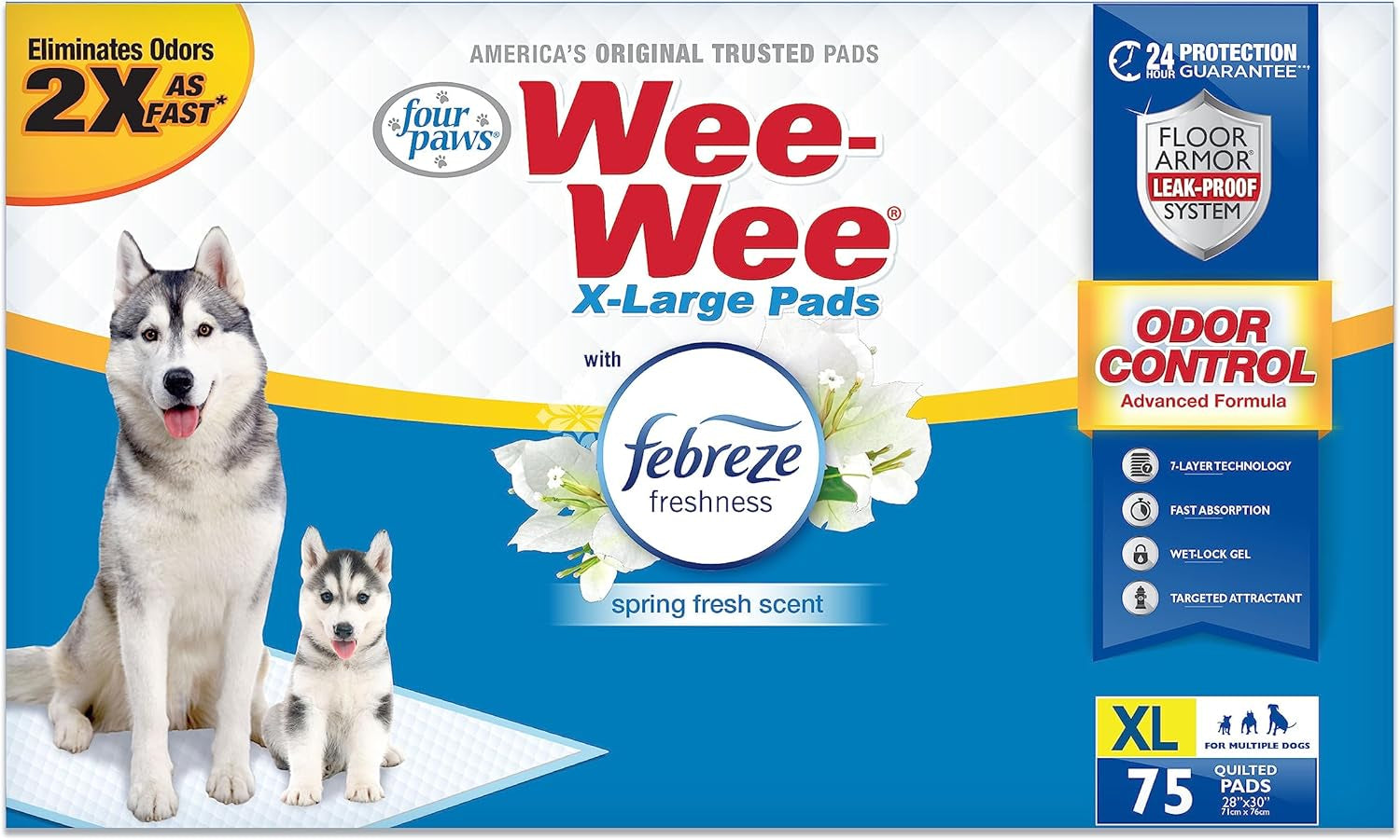 Four Paws Wee-Wee Odor Control with Febreze Freshness Pee Pads for Dogs of All Sizes, Leak-Proof Floor Protection Dog & Puppy Quilted Potty Training Pads, Spring Fresh Scent