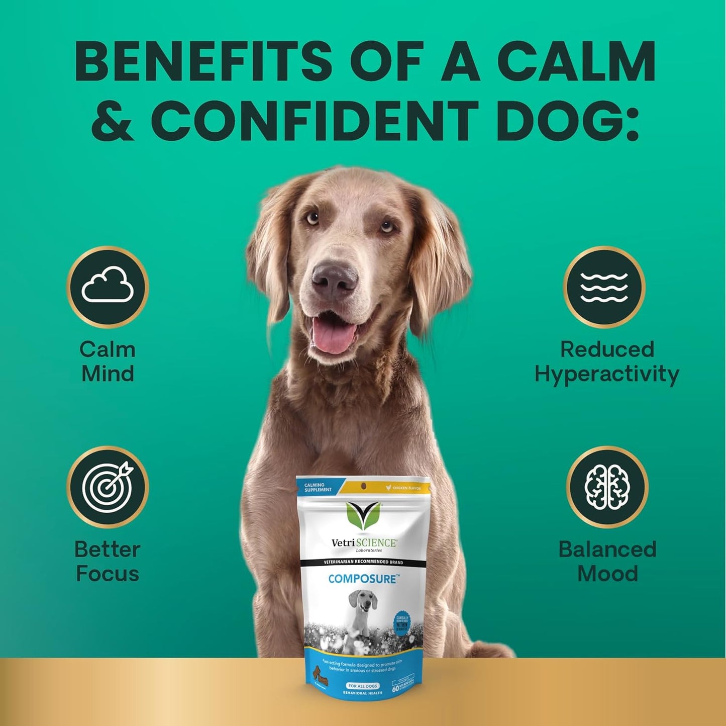 Vetriscience Composure Calming Chews for Dogs - Clinically Proven Dog Anxiety Relief Supplement with Colostrum, L-Theanine & Vitamin B1 for Stress, Storms, Separation & More