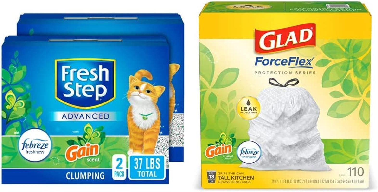 Advanced Clumping Cat Litter with Gain, 37 Lbs Total, Extra Large (2 Pack of 18.5Lb Boxes) + Glad Forceflex Protection Series Tall Trash Bags with Febreze, 13 Gal, 110 Ct