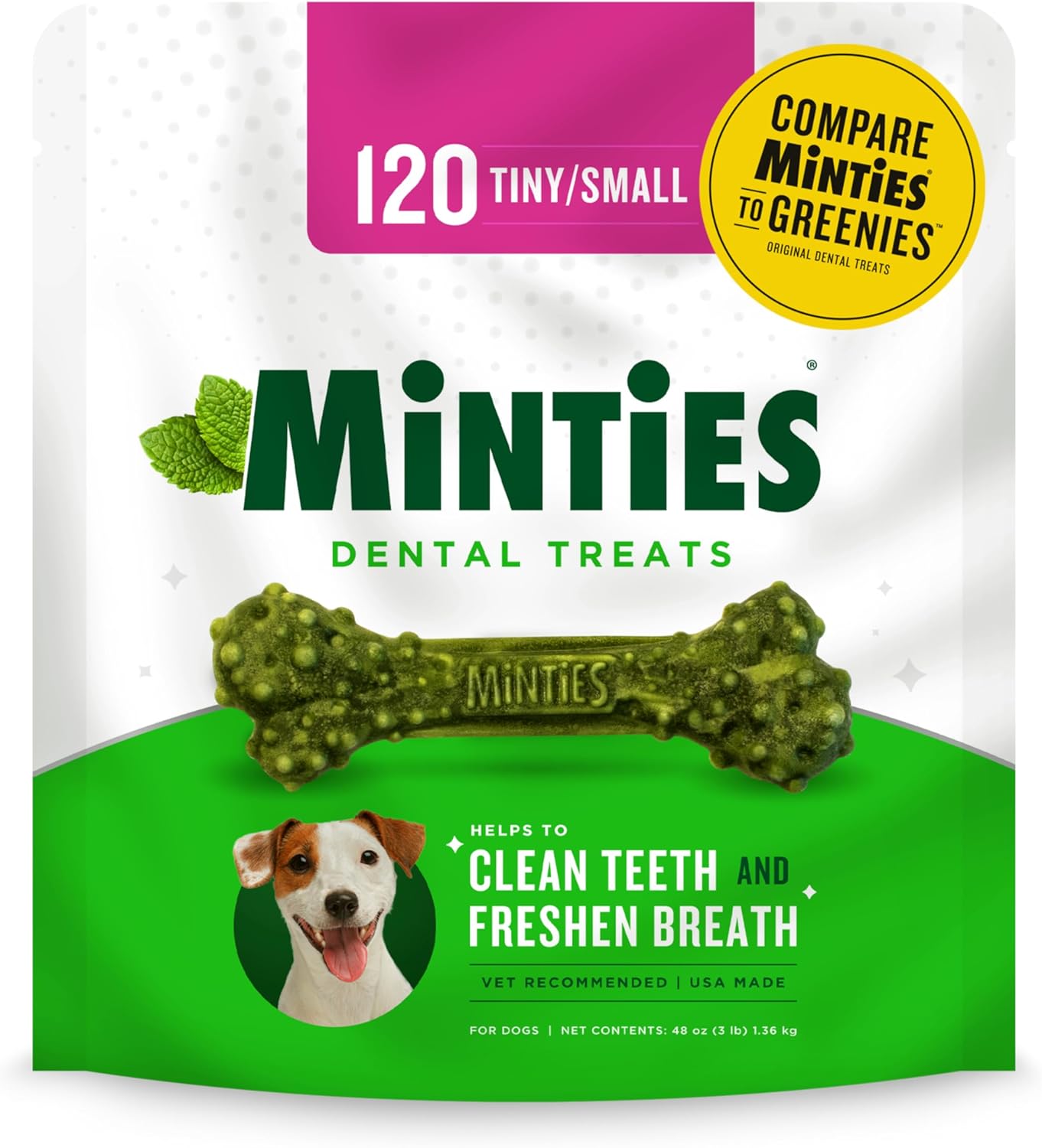 Minties Dental Chews for Dogs, Vet-Recommended Mint-Flavored Dental Treats for Medium Dogs, Dental Bones Clean Teeth, Fight Bad Breath, and Removes Plaque and Tartar