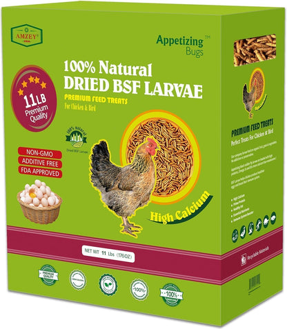 Amzey Dried Black Soldier Fly Larva/Dried Mealworms - 100% Natural BSF Larvae - 85X More Calcium than Mealworms - High Calcium Treats for Chickens, Birds, Hens, Ducks - 11LBS