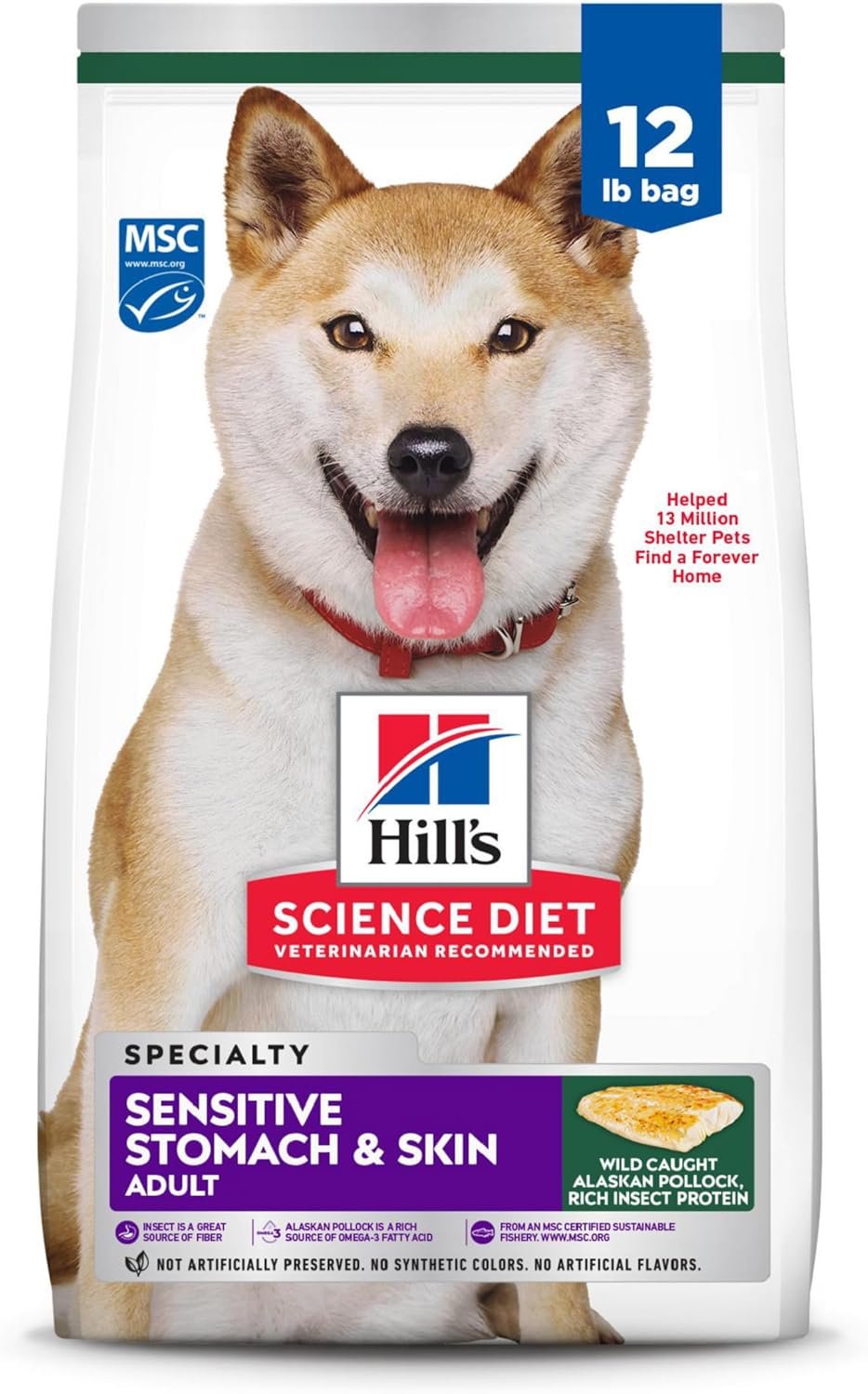 Hill's Science Diet Sensitive Stomach & Skin, Adult 1-6, Stomach & Skin Sensitivity Support, Dry Dog Food, Pollock, Barley, & Insect Recipe