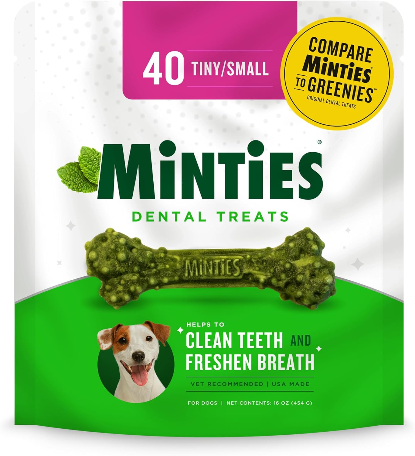 Minties Dental Chews for Dogs, Vet-Recommended Mint-Flavored Dental Treats for Medium Dogs, Dental Bones Clean Teeth, Fight Bad Breath, and Removes Plaque and Tartar