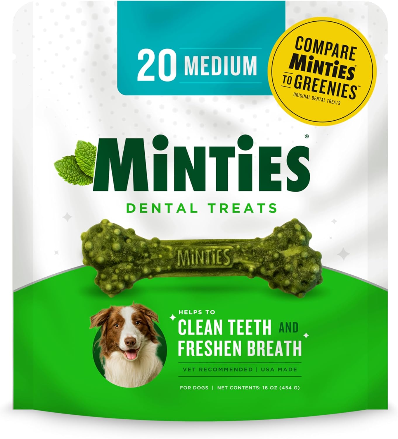 Minties Dental Chews for Dogs, Vet-Recommended Mint-Flavored Dental Treats for Medium Dogs, Dental Bones Clean Teeth, Fight Bad Breath, and Removes Plaque and Tartar