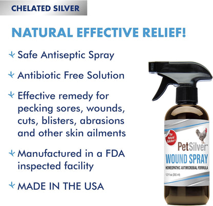 Wound Spray Chicken & Bird Formula with Patented Chelated Silver, Healing Aid for Pecking Sores, Bumble Foot, Cuts, Wounds, Burns, and Skin Irritations, Chicken Care, Made in USA, 12 Fl. Oz.