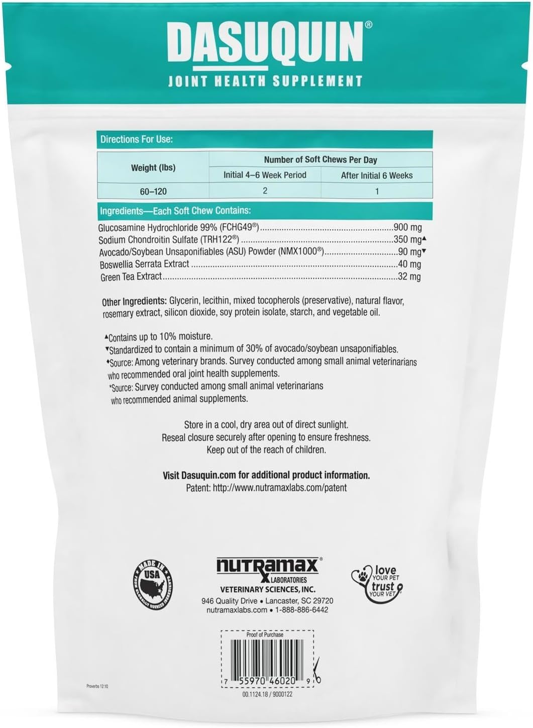 Nutramax Dasuquin Joint Health Supplement for Large Dogs - with Glucosamine, Chondroitin, ASU, Boswellia Serrata Extract, and Green Tea Extract, 84 Soft Chews