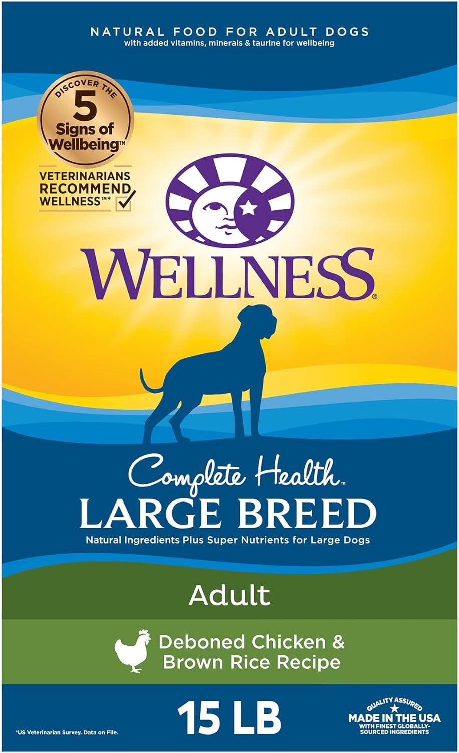 Wellness Complete Health Large Breed Adult Dry Dog Food, No Corn or Wheat, Made in USA with Real Meat, Natural Ingredients, Glucosamine, Probiotics & Omega Fatty Acids