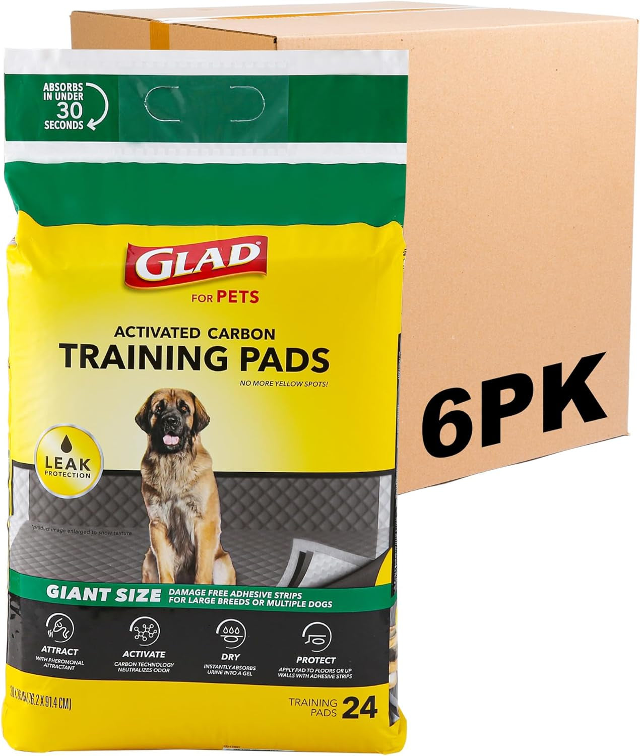 Glad for Pets Activated Carbon Dog Training Pads - Super Absorbent and Leak Proof Dog Pee Pads Extra Large, Indoor Potty Pads with Adhesive Strips, XL Puppy Pad Giant Size, 30" X 36"