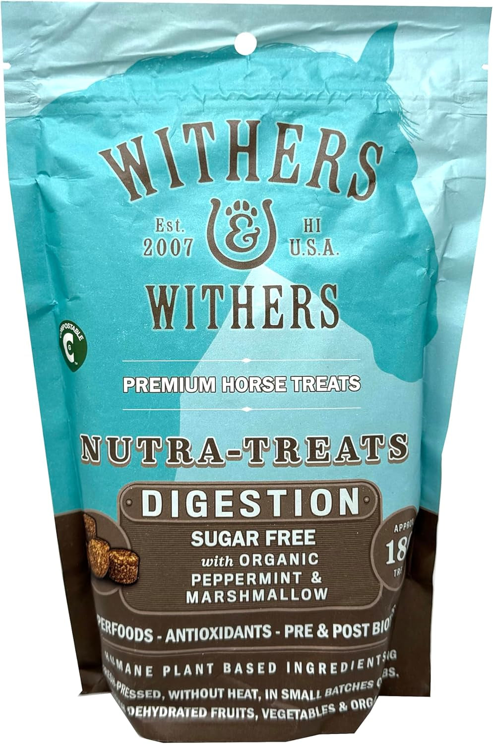 Withers & Withers Sugar-Free Horse Treats – Organic Peppermint, Marshmallow with Oat Bran Horse Cookies, Goat Treats 16 Oz – Humane Plant-Based Ingredients