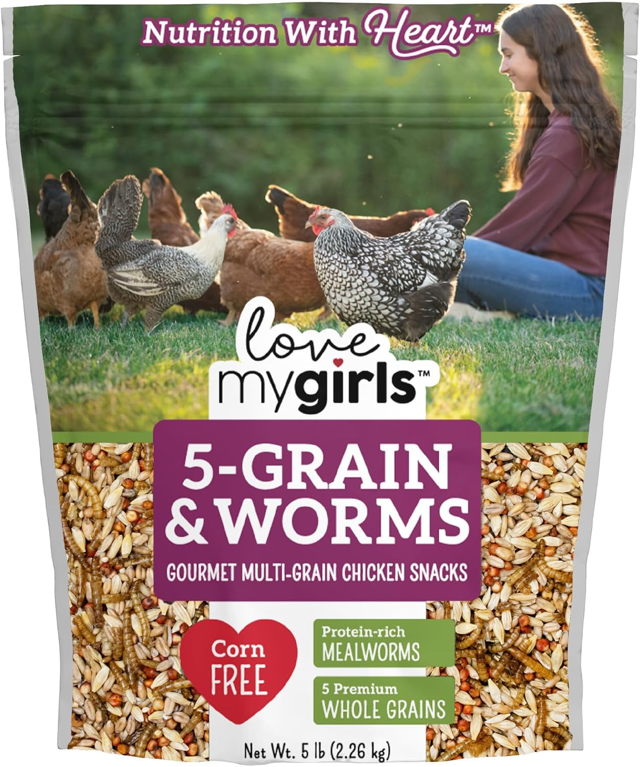 Love My Girls 5-Grain and Worms Chicken Treats, Corn-Free Treats for Chickens with Protein Rich Mealworms