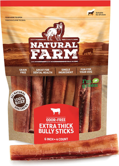 Natural Farm Odor-Free Bully Sticks, Fully Digestible 100% Beef Pizzle Chews, Grass-Fed, Non-Gmo, Grain-Free, Natural Long-Lasting Chews for Small & Large Dogs