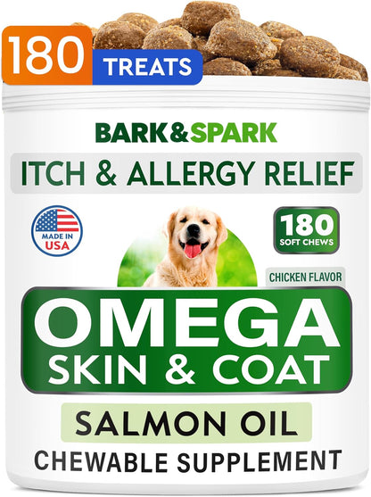 BARK&SPARK Omega 3 for Dogs - 180 Fish Oil Treats for Dog Shedding, Skin Allergy, Itch Relief, Hot Spots Treatment - Joint Health - Skin and Coat Supplement - EPA & DHA Fatty Acids