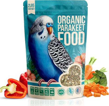 80% Organic Parakeet Food - No Dyes, Fatty Seeds, or Fillers - Human Grade Organic Parakeet Seed, Grain & Wholesome Veggies - for Budgies, Lovebirds, Parrotlets - Made in USA