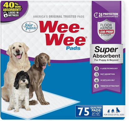 Four Paws Wee-Wee Super Absorbent Pee Pads for Dogs of All Sizes, Leak-Proof Floor Protection Dog & Puppy Quilted Potty Training Pads, Unscented, 24" X 24"