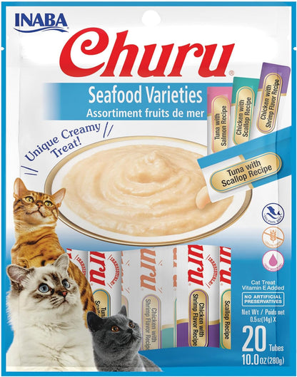 Churu Cat Treats, Grain-Free, Lickable, Squeezable Creamy Purée Cat Treat/Topper with Vitamin E & Taurine, 0.5 Ounces Each Tube, 50 Tubes, Tuna & Chicken Variety