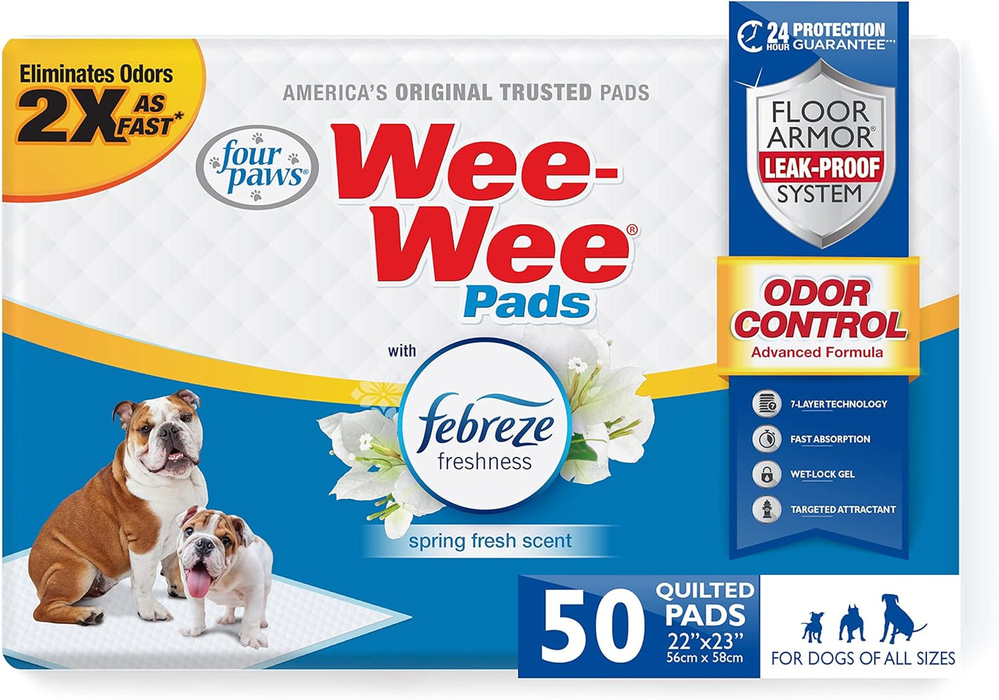 Four Paws Wee-Wee Odor Control with Febreze Freshness Pee Pads for Dogs of All Sizes, Leak-Proof Floor Protection Dog & Puppy Quilted Potty Training Pads, Spring Fresh Scent