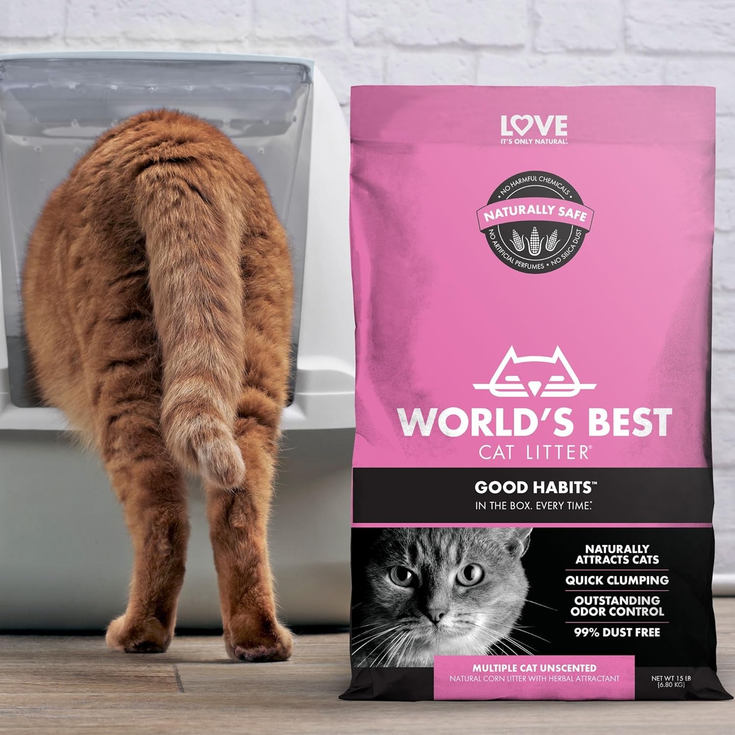 WORLD'S BEST CAT LITTER Good Habits Cat Attract Litter | Natural Plant-Based Attractant | Multicat Flushable Corn Litter | Unscented Odor Control | Low Tracking & Lightweight | Made in USA