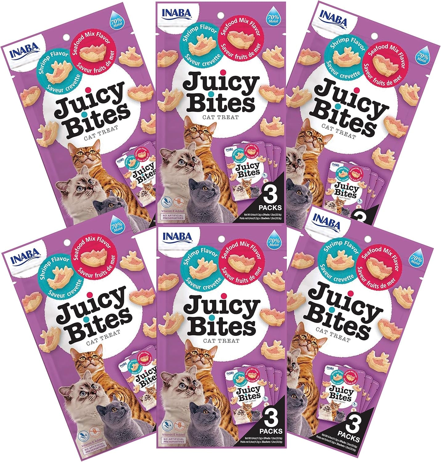 INABA Juicy Bites, Moist & Chewy Cat Treats with Vitamin E and Green Tea Extract, 0.4 Ounces per Pouch, 18 Pouches (3 per Bag)