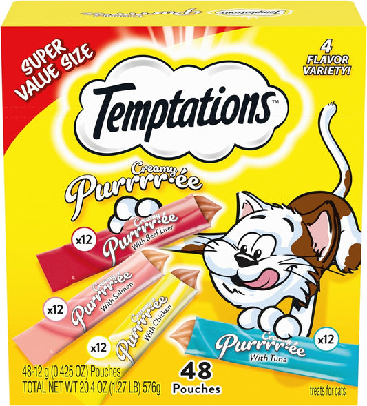 Temptations Creamy Puree with Beef Liver, Salmon, Chicken, and Tuna Squeezable Lickable Wet Cat Treat Variety Pack