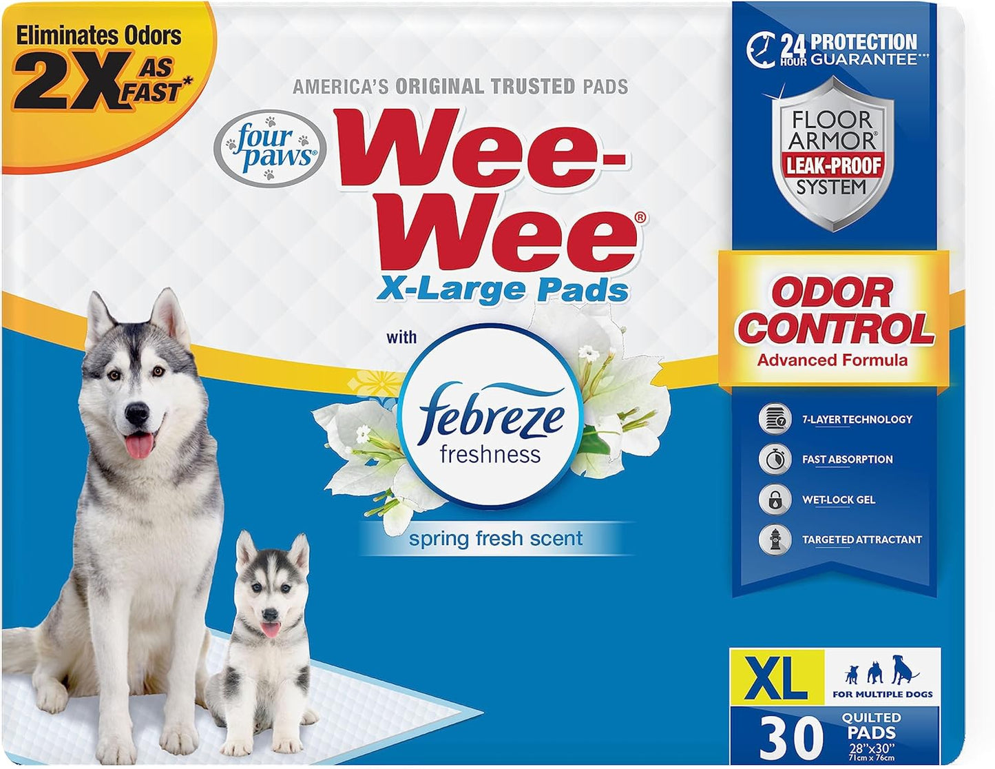 Four Paws Wee-Wee Odor Control with Febreze Freshness Pee Pads for Dogs of All Sizes, Leak-Proof Floor Protection Dog & Puppy Quilted Potty Training Pads, Spring Fresh Scent