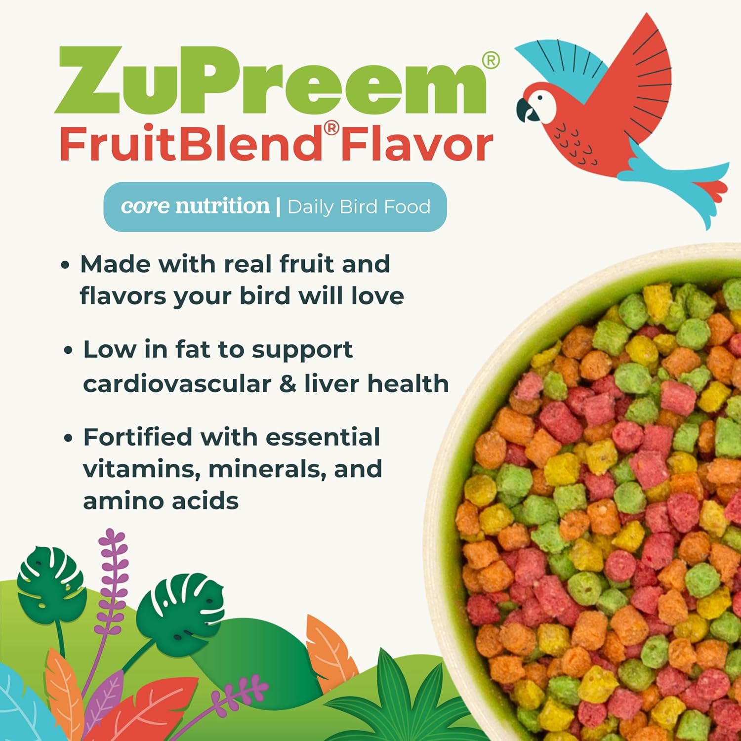 Zupreem Fruitblend Bird Pellets, Daily Bird Food for Parakeet, Budgie, Parrotlet, Dove, Core Nutrition for Small Birds, Made in USA, Parakeet Food, Budgie Food