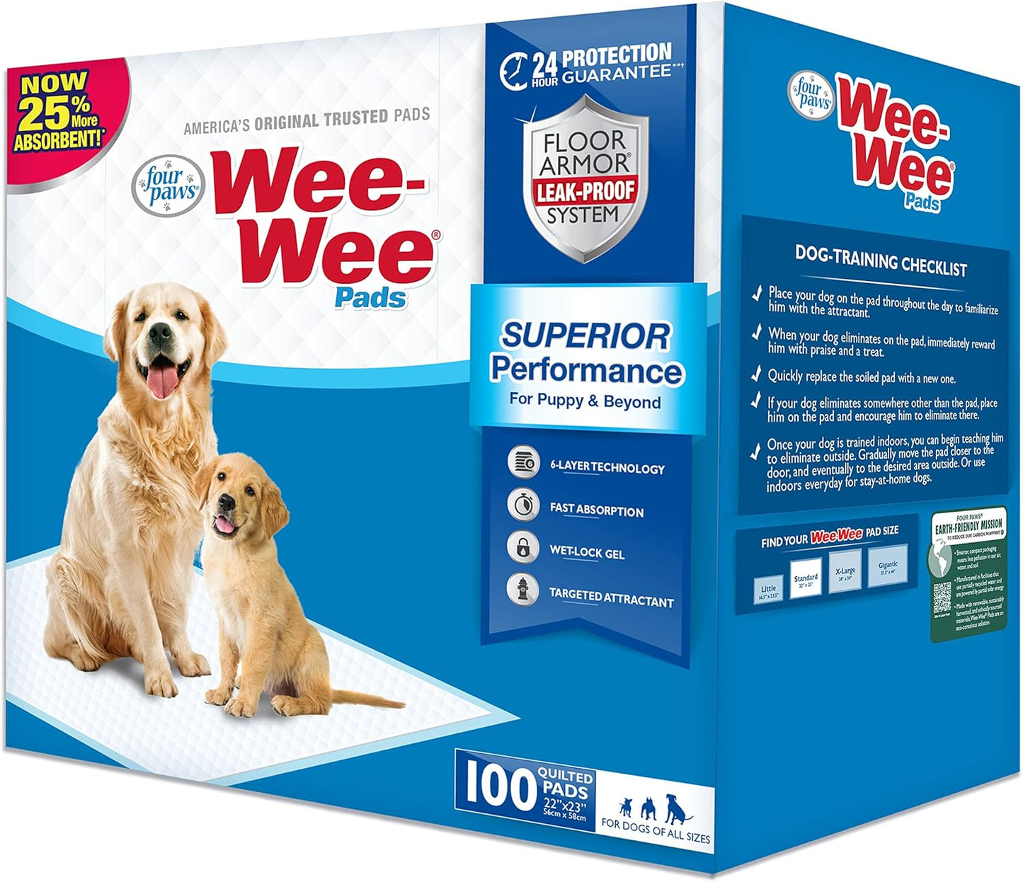 Four Paws Wee-Wee Superior Performance Pee Pads for Dogs of All Sizes, Leak-Proof Floor Protection Dog & Puppy Quilted Potty Training Pads, Unscented, 22" X 23"