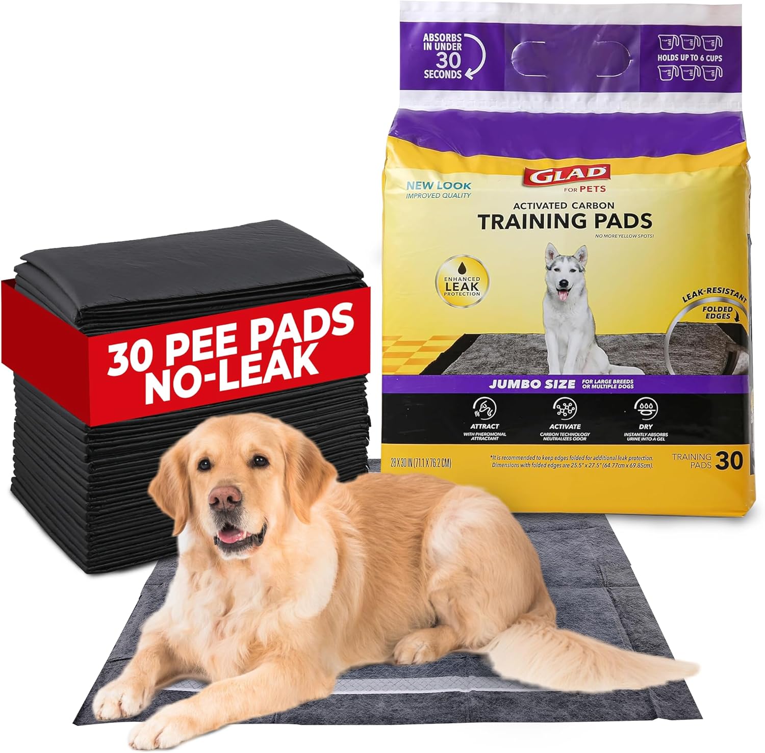 Glad for Pets JUMBO-SIZE Charcoal Puppy Pads, All-In-One, Black Training Pads That ABSORB & Neutralize Urine Instantly, New & Improved Quality Puppy Pee Pads