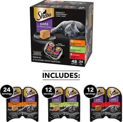 SHEBA Perfect Portions Paté Wet Cat Food Trays, Savory Chicken, Roasted Turkey, and Tender Beef Entrée, Easy Peel Twin-Pack Trays