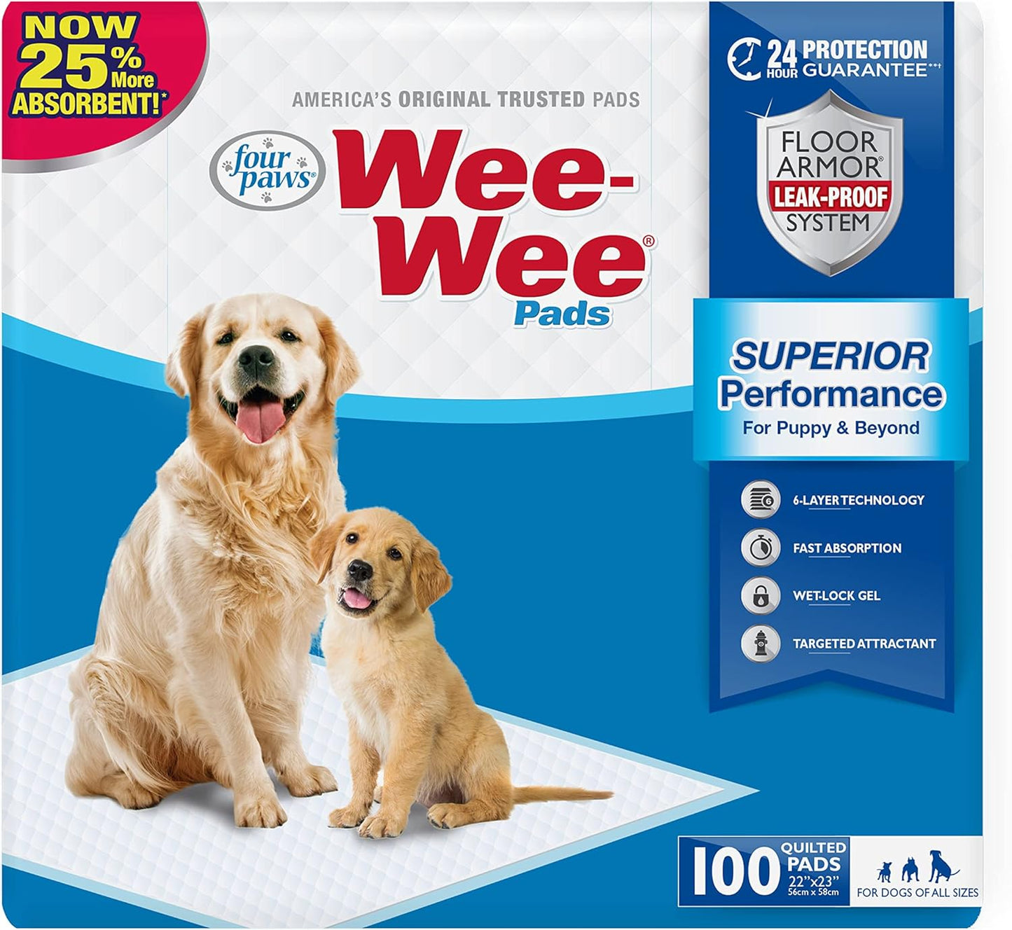 Four Paws Wee-Wee Superior Performance Pee Pads for Dogs of All Sizes, Leak-Proof Floor Protection Dog & Puppy Quilted Potty Training Pads, Unscented, 22" X 23"