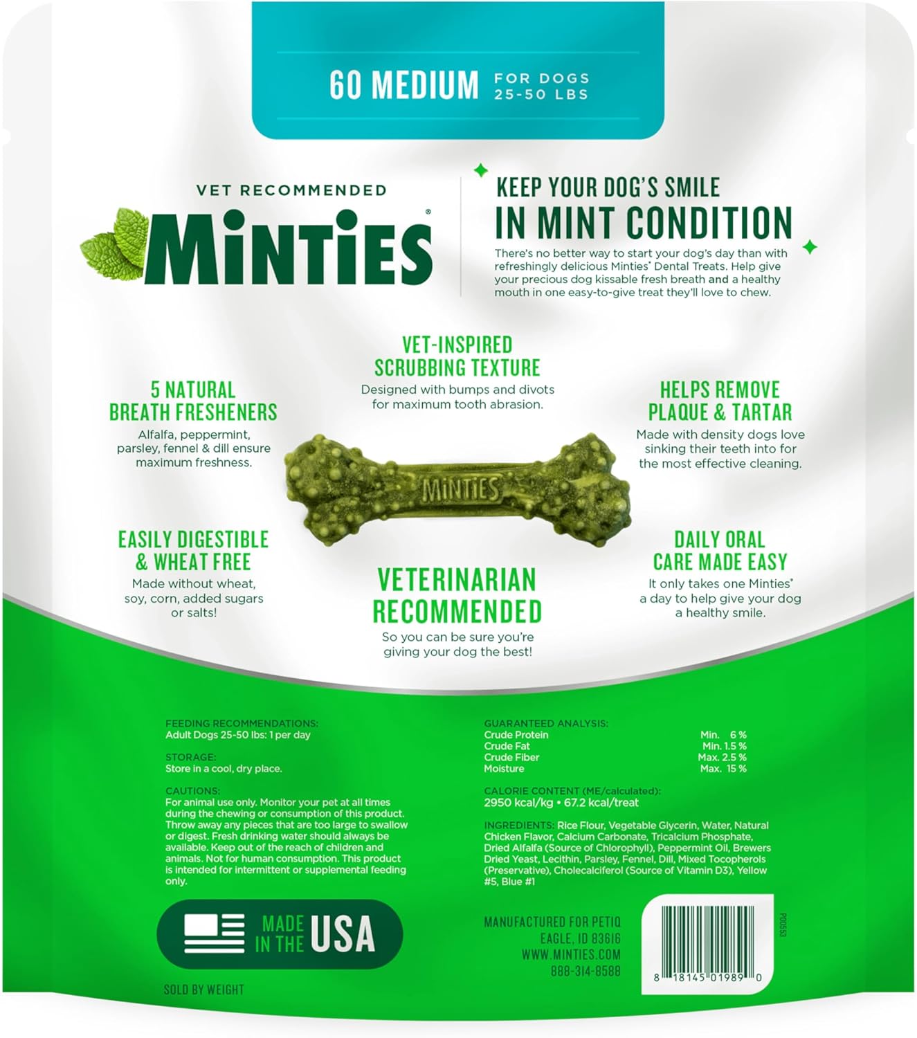 Minties Dental Chews for Dogs, Vet-Recommended Mint-Flavored Dental Treats for Medium Dogs, Dental Bones Clean Teeth, Fight Bad Breath, and Removes Plaque and Tartar