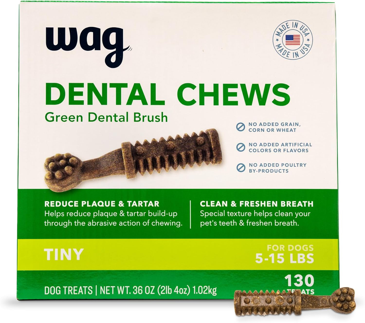 Amazon Brand - Wag Dental Chews - Green Dental Brush for Dogs, Unflavored